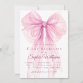 Elegant Pink Bow First Birthday Invitation Kaart (Voorkant)