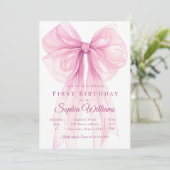 Elegant Pink Bow First Birthday Invitation Kaart (Staand voorkant)