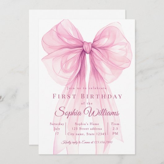 Elegant Pink Bow First Birthday Invitation Kaart (Voorkant / Achterkant)