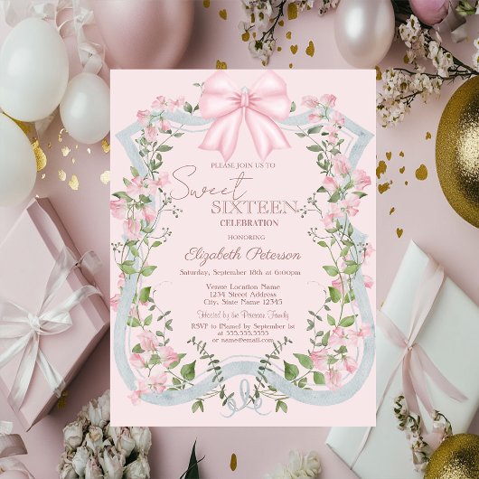 Elegant Pink Bow Floral Frame Sweet 16 Kaart