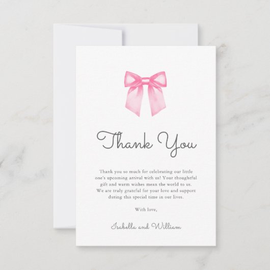 Elegant Pink Bow Girl Baby Shower Bedankkaart (Voorkant)