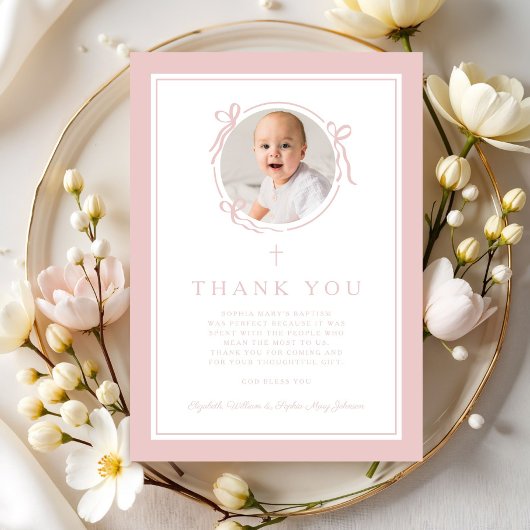 Elegant Pink Bow Girl Baptism Photo Bedankkaart
