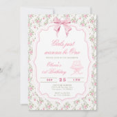 Elegant Pink Bow Girl First Birthday Kaart (Voorkant)