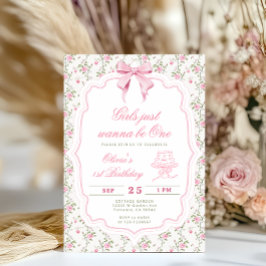 Elegant Pink Bow Girl First Birthday Kaart