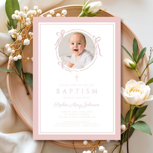 Elegant Pink Bow Girl Photo Baptism Kaart