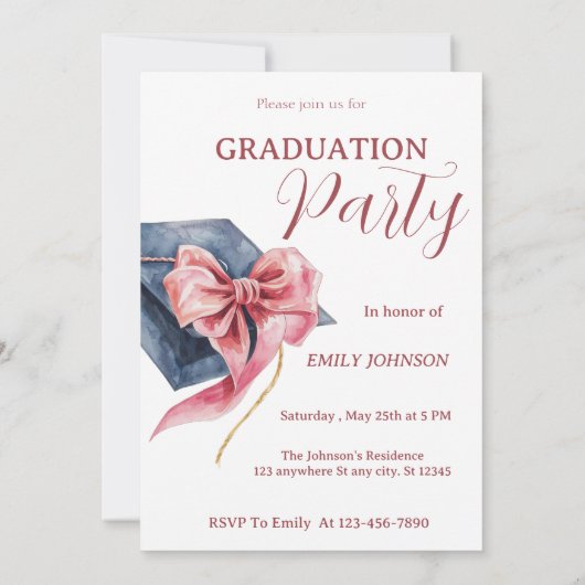 Elegant Pink Bow Graduation Party Invitation Kaart (Achterkant)