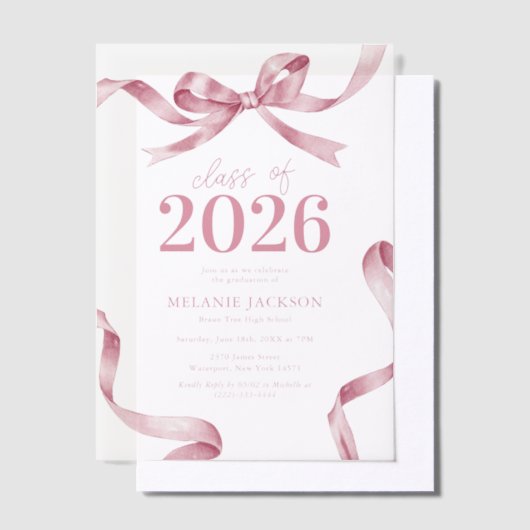 Elegant Pink Bow Graduation Party Vellum Uitnodigingen (Offset)