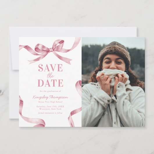 Elegant Pink Bow Graduation Save the Date (Voorkant)
