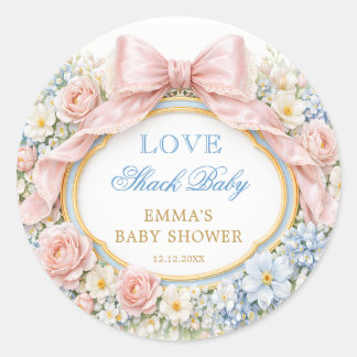 Elegant Pink Bow Love Shack Vintage Baby Shower Ronde Sticker