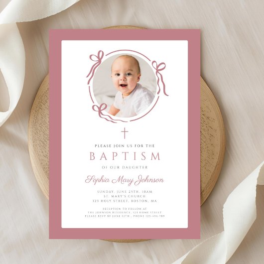 Elegant Pink Bow Photo Baptism Kaart