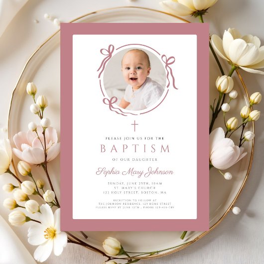 Elegant Pink Bow Photo Baptism Kaart