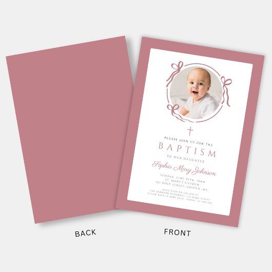 Elegant Pink Bow Photo Baptism Kaart