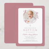 Elegant Pink Bow Photo Girl Baptism Kaart (Voorkant / Achterkant)