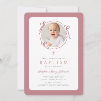 Elegant Pink Bow Photo Girl Baptism Kaart