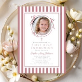 Elegant Pink Bow Photo Girl First Communion Kaart