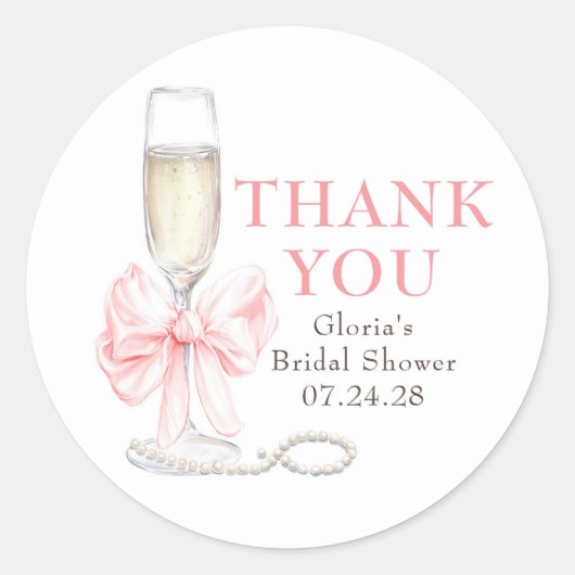 Elegant Pink Bow Prosecco Bridal Shower Thank You Ronde Sticker (Voorkant)