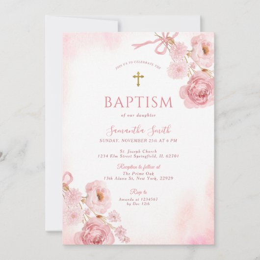 Elegant Pink Bow Rose Floral Cross Girl Baptism Kaart (Voorkant)