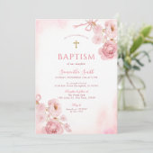 Elegant Pink Bow Rose Floral Cross Girl Baptism Kaart (Staand voorkant)