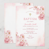 Elegant Pink Bow Rose Floral Cross Girl Baptism Kaart (Voorkant / Achterkant)
