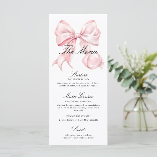 Elegant Pink Bow Shower Menu (Staand voorkant)