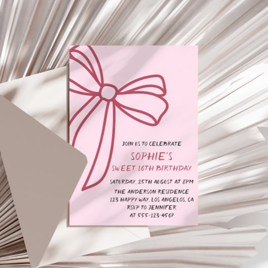 Elegant Pink Bow Sweet 16 Birthday Kaart