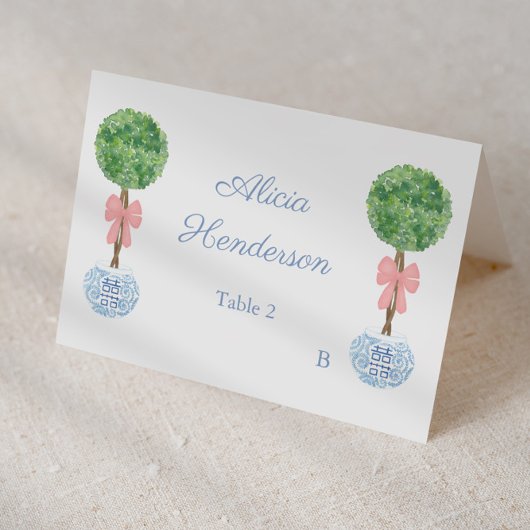 Elegant Pink Bow Topiary Individual Place Card Kaart