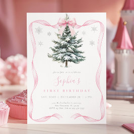 Elegant Pink Bow Winter Onederland First Birthday Kaart