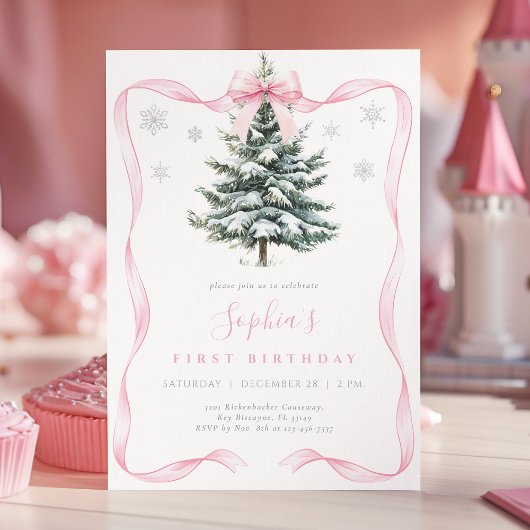 Elegant Pink Bow Winter Onederland First Birthday Kaart