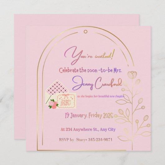 Elegant Pink Bridal Shower Invitation | Modern Arc Kaart (Voorkant / Achterkant)
