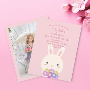 Elegant Pink Bunny and Flowers Girl Birthday Foto Kaart