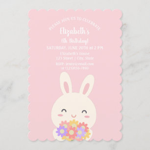 Elegant Pink Bunny & Flowers Girl Birthday Kaart