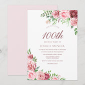 Elegant Pink & Burgundy 100th Birthday Invite Kaart (Voorkant / Achterkant)