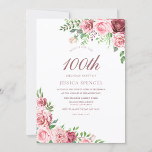 Elegant Pink & Burgundy 100th Birthday Invite Kaart