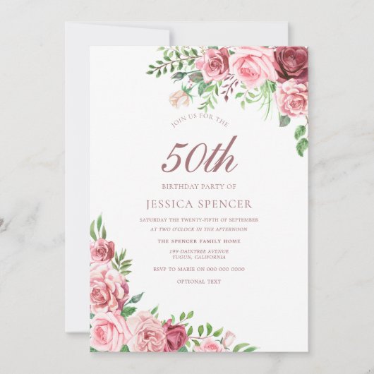 Elegant Pink & Burgundy 50th Birthday Invite Kaart (Voorkant)