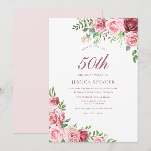 Elegant Pink & Burgundy 50th Birthday Invite Kaart (Voorkant / Achterkant)