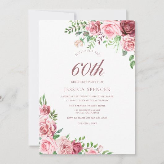 Elegant Pink & Burgundy 60th Birthday Invite Kaart (Voorkant)