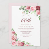 Elegant Pink & Burgundy 60th Birthday Invite Kaart (Voorkant / Achterkant)