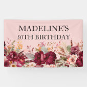 Elegant Pink Burgundy Floral 50e verjaardag Spandoek (Horizontaal)