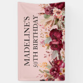 Elegant Pink Burgundy Floral 50e verjaardag Spandoek (Verticaal)