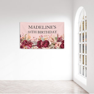 Elegant Pink Burgundy Floral 50e verjaardag Spandoek