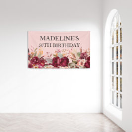Elegant Pink Burgundy Floral 50e verjaardag Spandoek