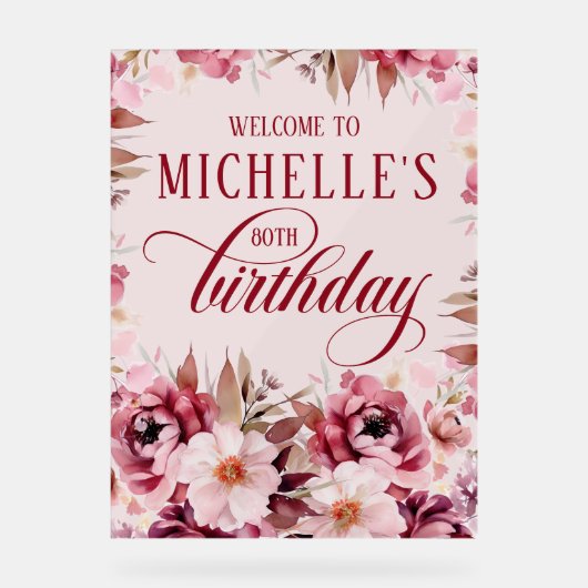 Elegant Pink Burgundy Floral 80th Birthday Acryl Bord (Voorkant)