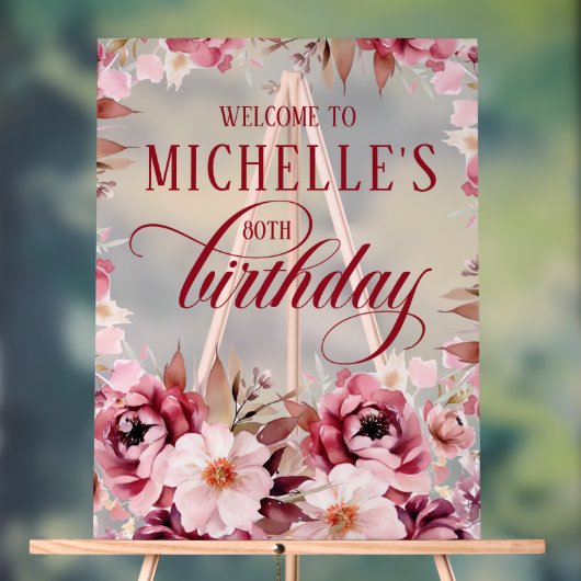 Elegant Pink Burgundy Floral 80th Birthday Acryl Bord (Neutraal)
