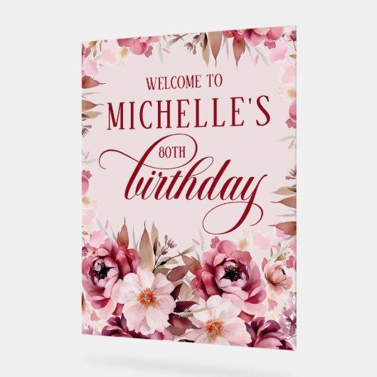 Elegant Pink Burgundy Floral 80th Birthday Acryl Bord (Hoek)