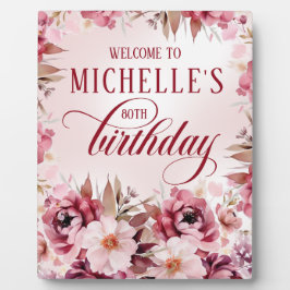 Elegant Pink Burgundy Floral 80th Birthday Fotoplaat