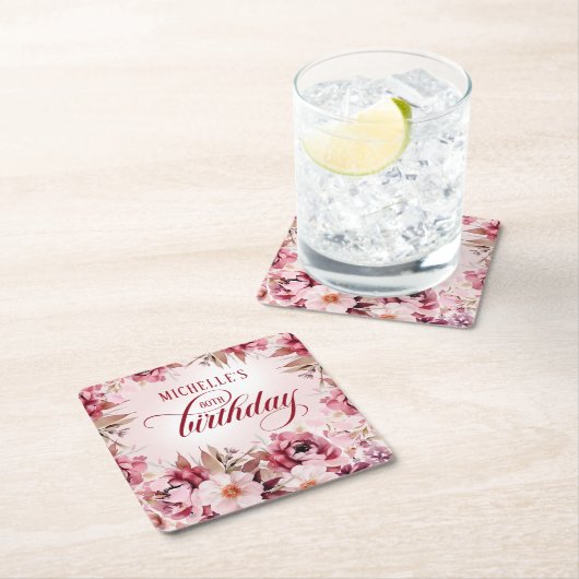 Elegant Pink Burgundy Floral 80th Birthday Kartonnen Onderzetters (Insitu)