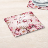 Elegant Pink Burgundy Floral 80th Birthday Kartonnen Onderzetters (Schuin)