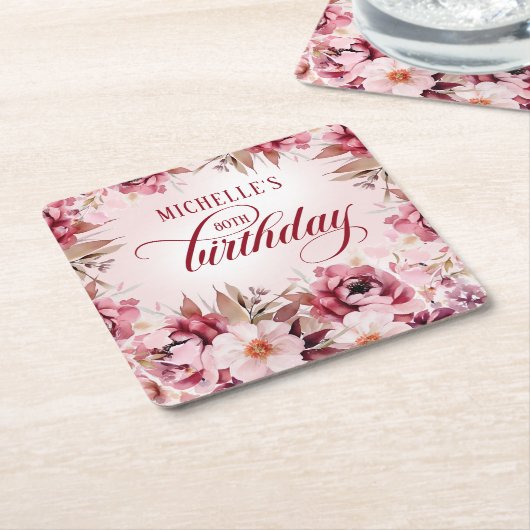 Elegant Pink Burgundy Floral 80th Birthday Kartonnen Onderzetters (Schuin)