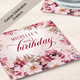 Elegant Pink Burgundy Floral 80th Birthday Kartonnen Onderzetters