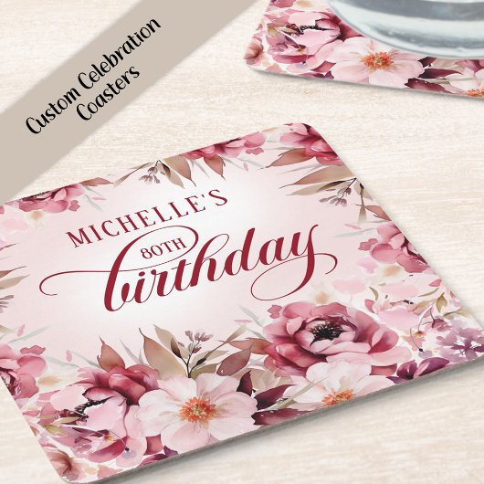 Elegant Pink Burgundy Floral 80th Birthday Kartonnen Onderzetters